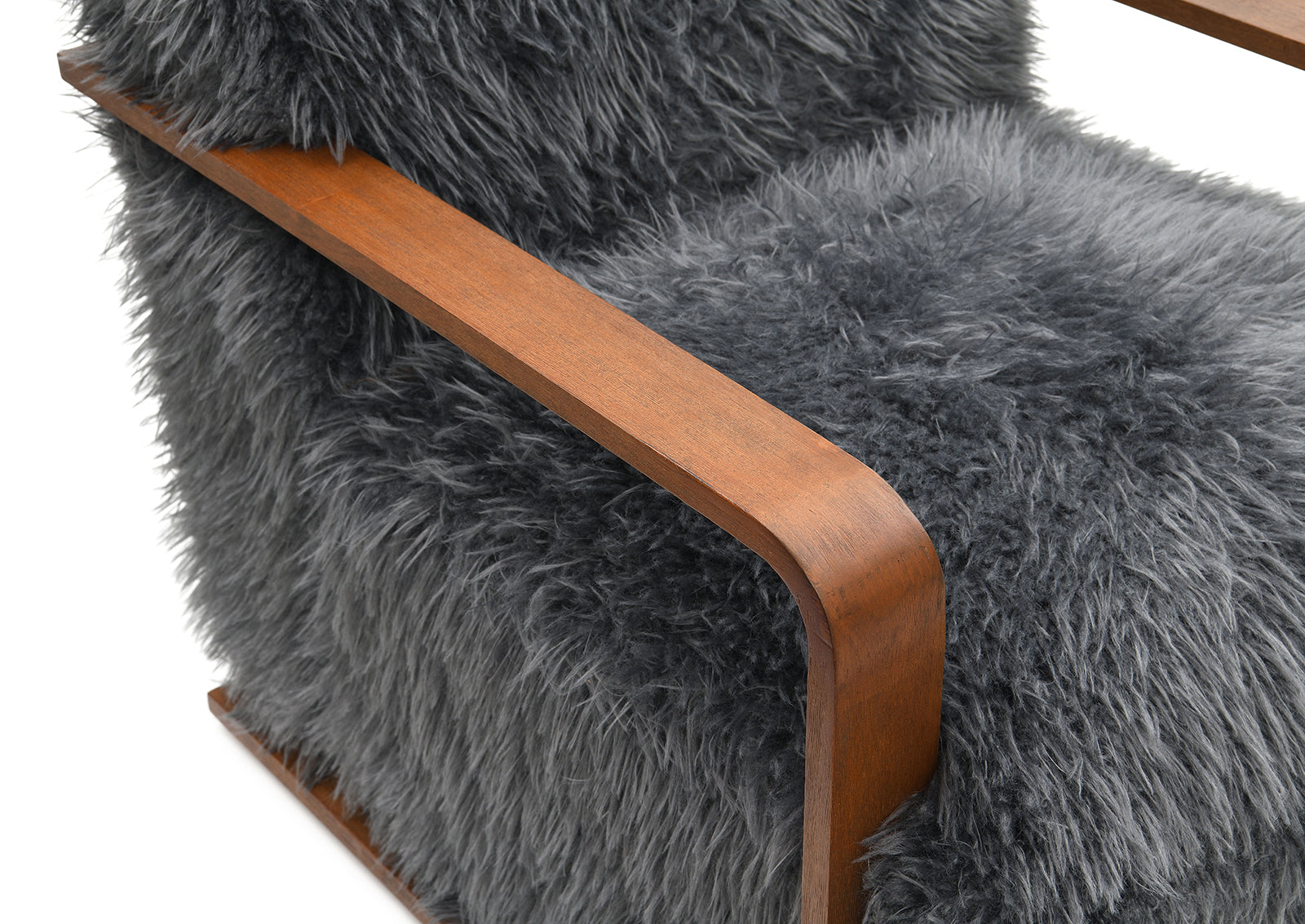 Charcoal Gray Finish 1pc Accent Chair Long Soft Faux Fur Retro Inspired Curve Wooden Arms Tight Seat And Back Primary living Room - Groovy Boardz
