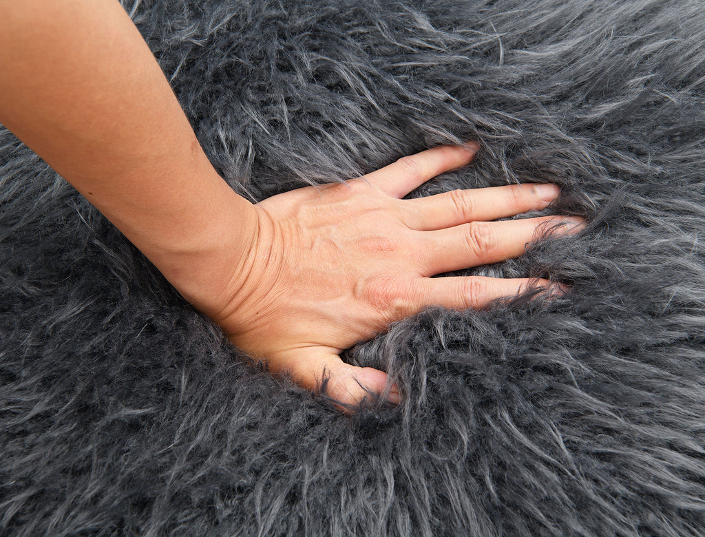 Charcoal Gray Finish 1pc Accent Chair Long Soft Faux Fur Retro Inspired Curve Wooden Arms Tight Seat And Back Primary living Room - Groovy Boardz