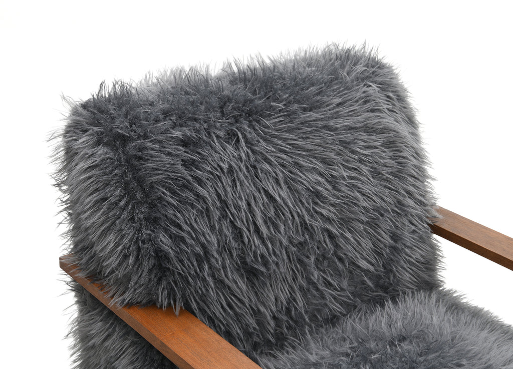 Charcoal Gray Finish 1pc Accent Chair Long Soft Faux Fur Retro Inspired Curve Wooden Arms Tight Seat And Back Primary living Room - Groovy Boardz