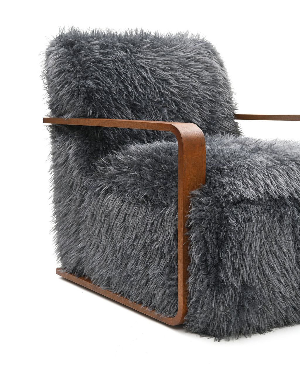 Charcoal Gray Finish 1pc Accent Chair Long Soft Faux Fur Retro Inspired Curve Wooden Arms Tight Seat And Back Primary living Room - Groovy Boardz