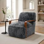 Charcoal Gray Finish 1pc Accent Chair Long Soft Faux Fur Retro Inspired Curve Wooden Arms Tight Seat And Back Primary living Room - Groovy Boardz