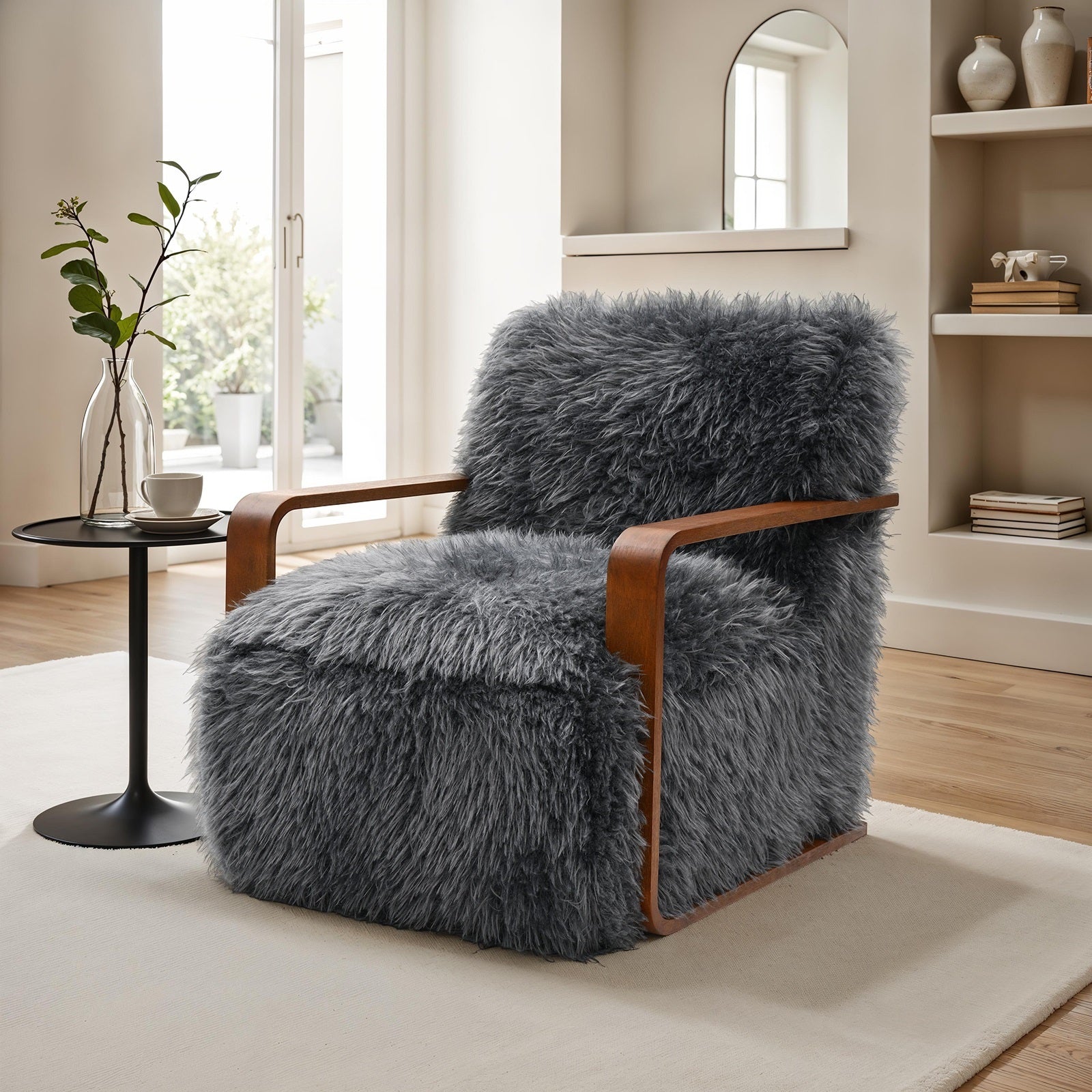 Charcoal Gray Finish 1pc Accent Chair Long Soft Faux Fur Retro Inspired Curve Wooden Arms Tight Seat And Back Primary living Room - Groovy Boardz