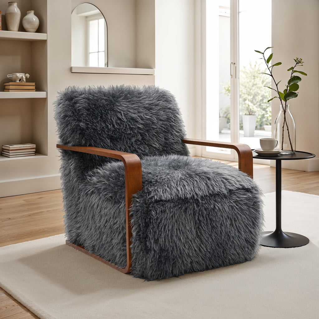 Charcoal Gray Finish 1pc Accent Chair Long Soft Faux Fur Retro Inspired Curve Wooden Arms Tight Seat And Back Primary living Room - Groovy Boardz