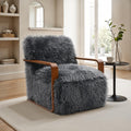 Charcoal Gray Finish 1pc Accent Chair Long Soft Faux Fur Retro Inspired Curve Wooden Arms Tight Seat And Back Primary living Room - Groovy Boardz