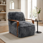 Charcoal Gray Finish 1pc Accent Chair Long Soft Faux Fur Retro Inspired Curve Wooden Arms Tight Seat And Back Primary living Room - Groovy Boardz