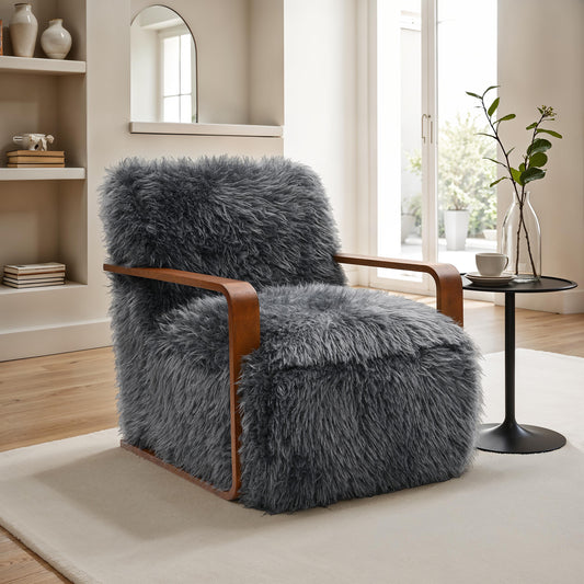 Charcoal Gray Finish 1pc Accent Chair Long Soft Faux Fur Retro Inspired Curve Wooden Arms Tight Seat And Back Primary living Room - Groovy Boardz