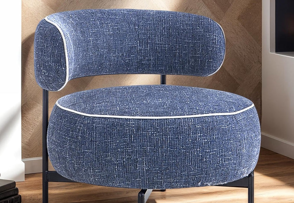 Contemporary Style Swivel Chair Metal Legs Contrast Welt Curved Backrest Dark Blue Finish Accent Chair