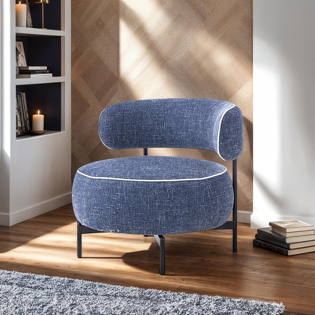 Contemporary Style Swivel Chair Metal Legs Contrast Welt Curved Backrest Dark Blue Finish Accent Chair