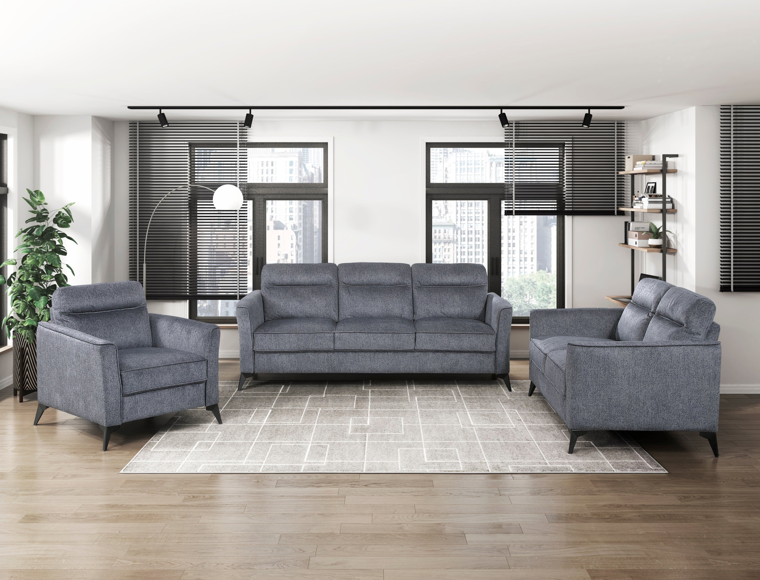 Modern Living Room Sofa Set 3pc Sofa Loveseat Chair Dark Gray Microfiber Upholstery Comfortable Cushion Seat Black Metal Legs Contemporary Furniture