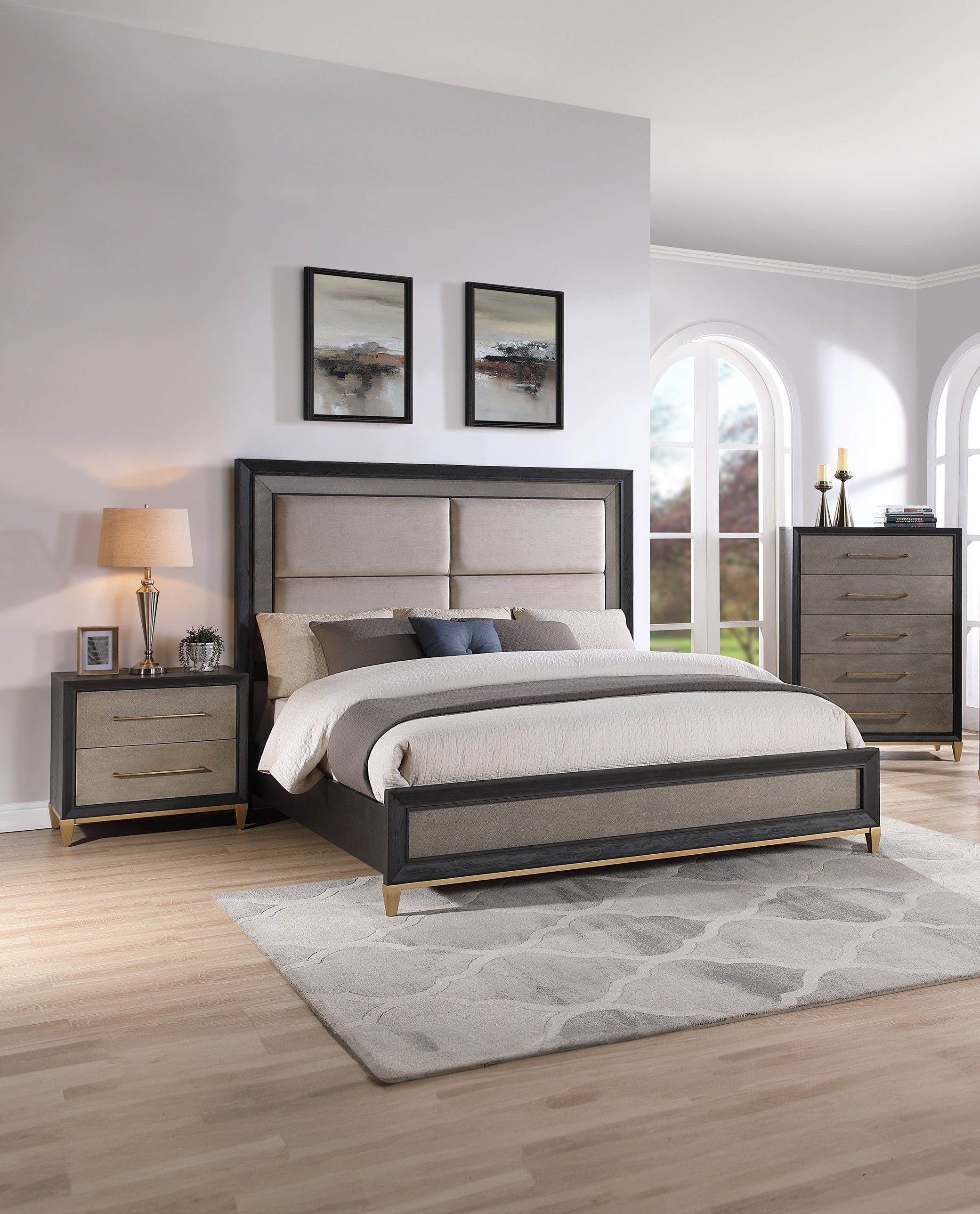 1pc Contemporary Dark Wood Finish Brushed Gold Hardware Tapered Legs Two-Drawers Nightstand Wooden