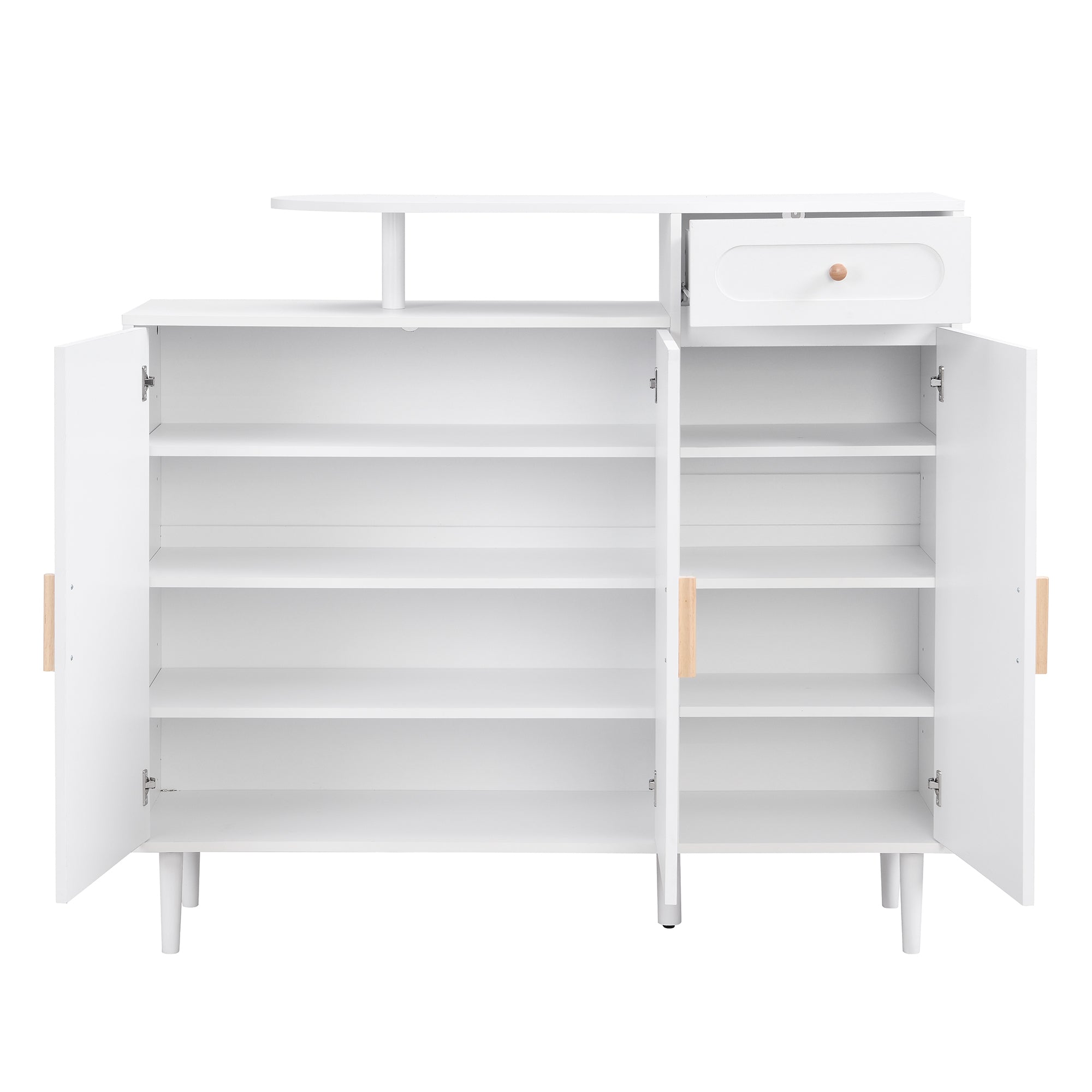 ON-TREND Elegant Shoe Cabinet with Arched Doors and Drawer, Cream Style Storage Sideboard with Adjustable Shelves and Solid Wood Legs for Entryway, Living Room, White