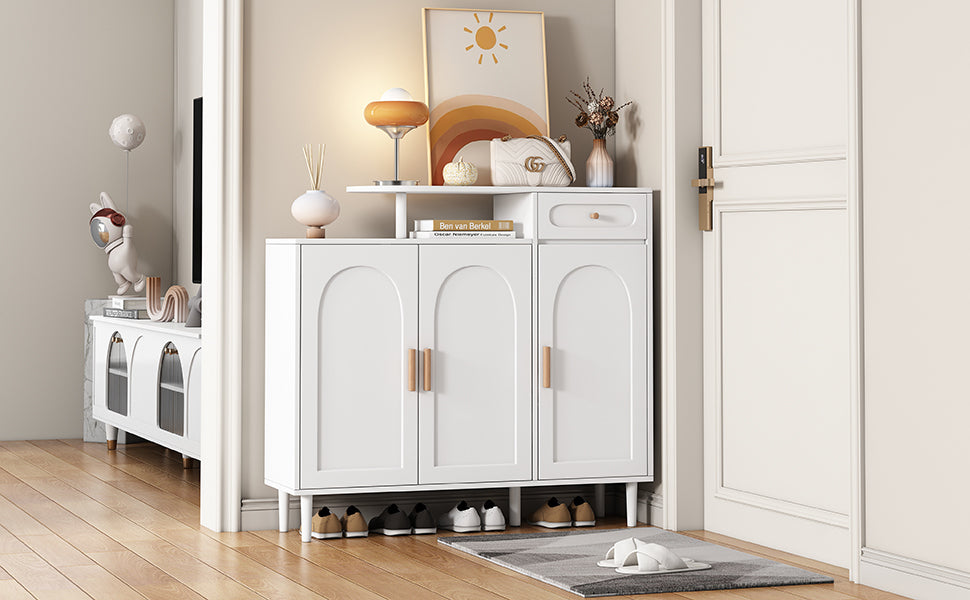 ON-TREND Elegant Shoe Cabinet with Arched Doors and Drawer, Cream Style Storage Sideboard with Adjustable Shelves and Solid Wood Legs for Entryway, Living Room, White