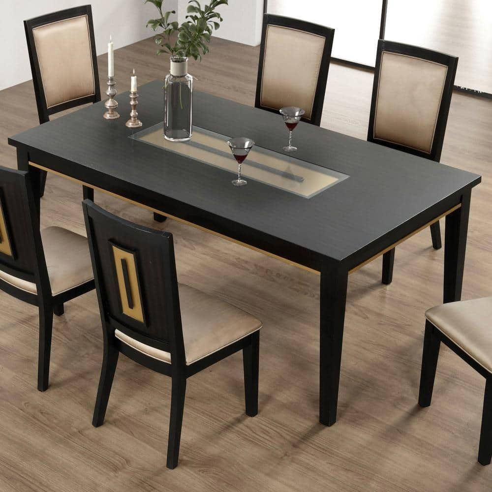 7pc Dining Set Contemporary Espresso Dining Table Glass Insert Top 6x Chairs Wooden Kitchen Dining Room Furniture