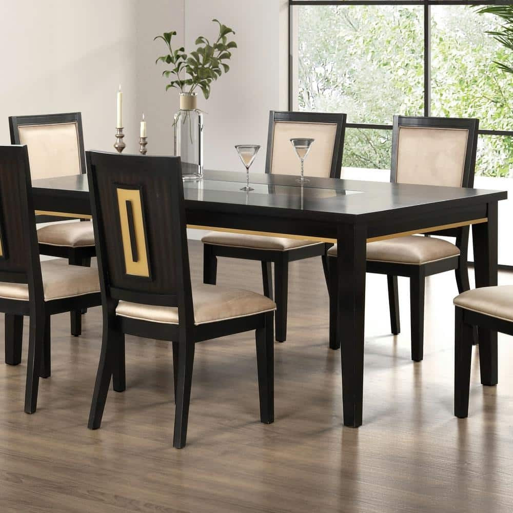 7pc Dining Set Contemporary Espresso Dining Table Glass Insert Top 6x Chairs Wooden Kitchen Dining Room Furniture