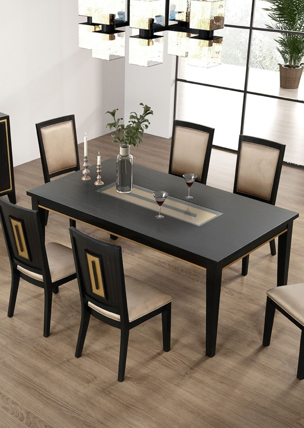 7pc Dining Set Contemporary Espresso Dining Table Glass Insert Top 6x Chairs Wooden Kitchen Dining Room Furniture