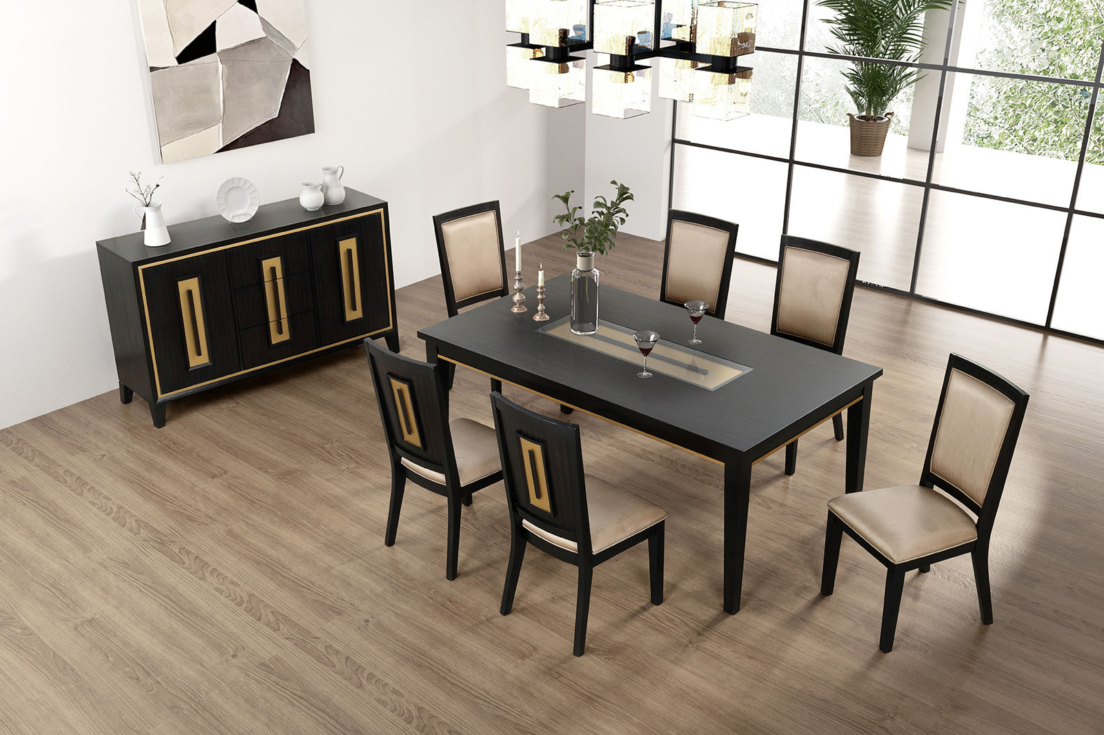 7pc Dining Set Contemporary Espresso Dining Table Glass Insert Top 6x Chairs Wooden Kitchen Dining Room Furniture