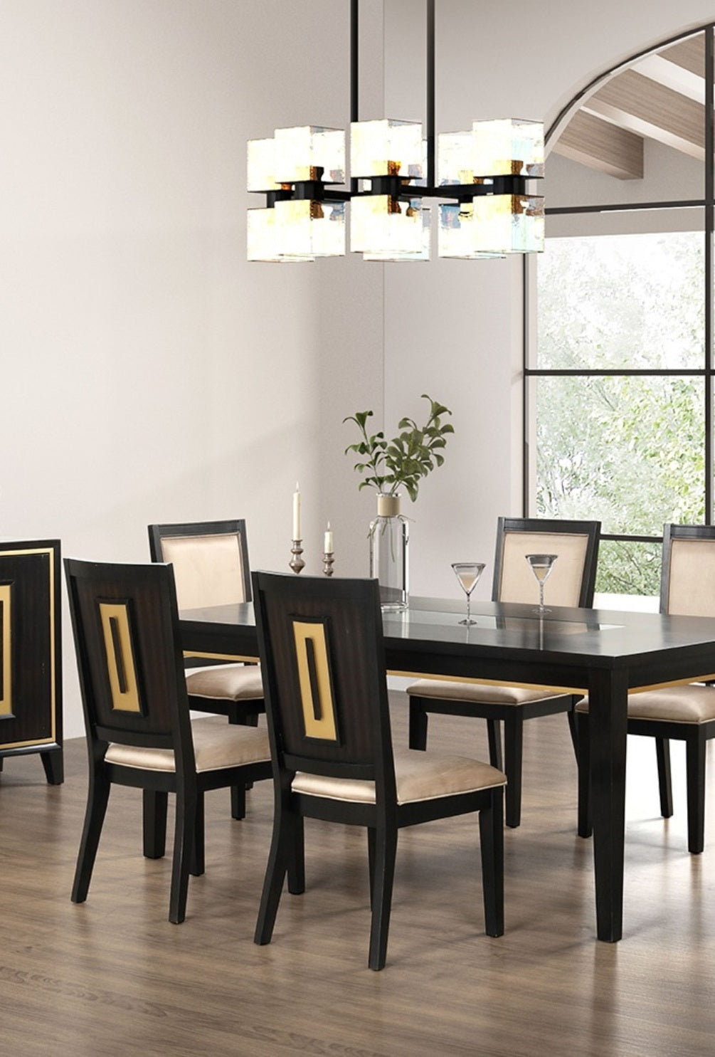 7pc Dining Set Contemporary Espresso Dining Table Glass Insert Top 6x Chairs Wooden Kitchen Dining Room Furniture