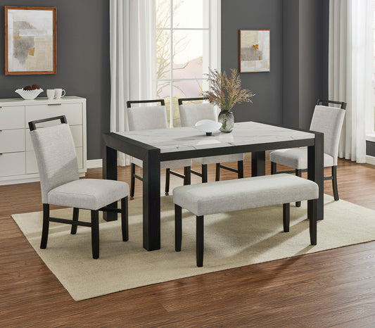 Dining room set with table, chairs, and bench in a well-lit room.
