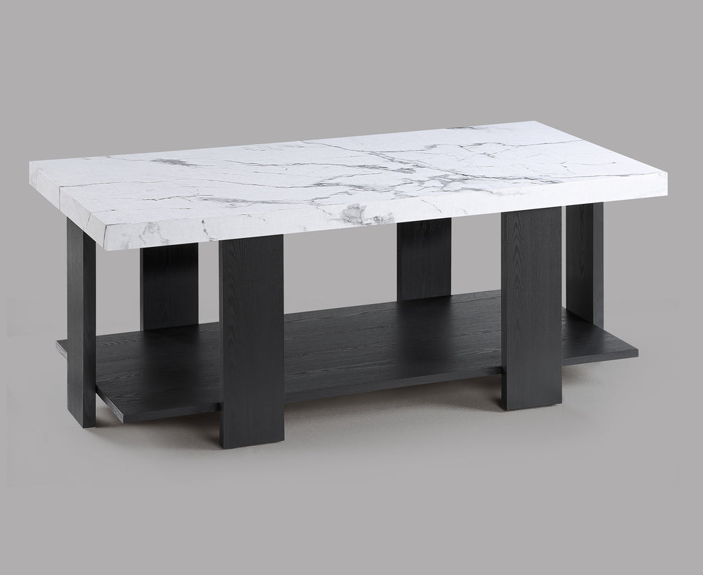 Gray 3-Piece Cocktail Set White Faux Marble Table Top Coffee Table and Two Matching End Tables Living Room Wooden Furniture White Black
