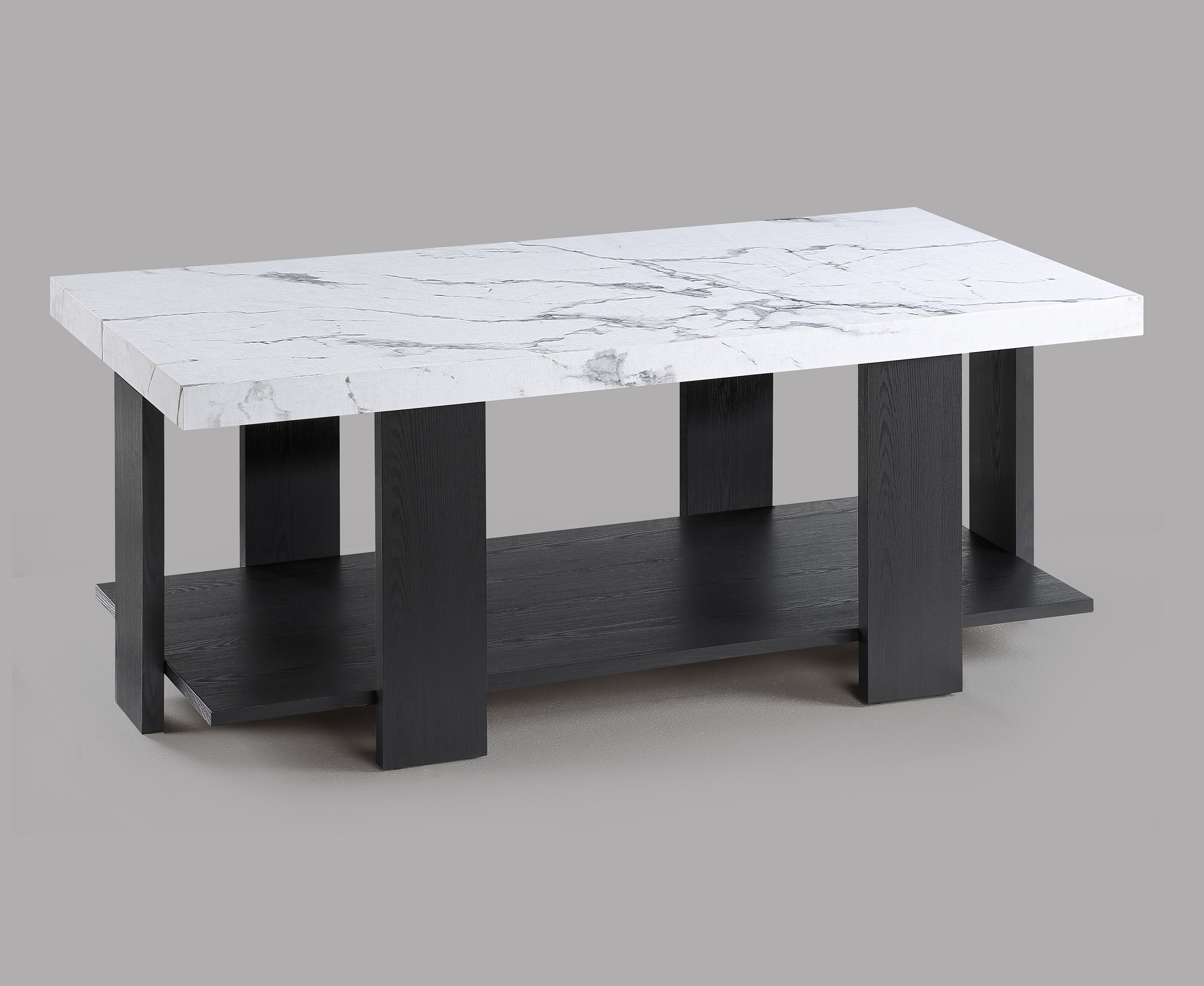 Gray 3-Piece Cocktail Set White Faux Marble Table Top Coffee Table and Two Matching End Tables Living Room Wooden Furniture White Black