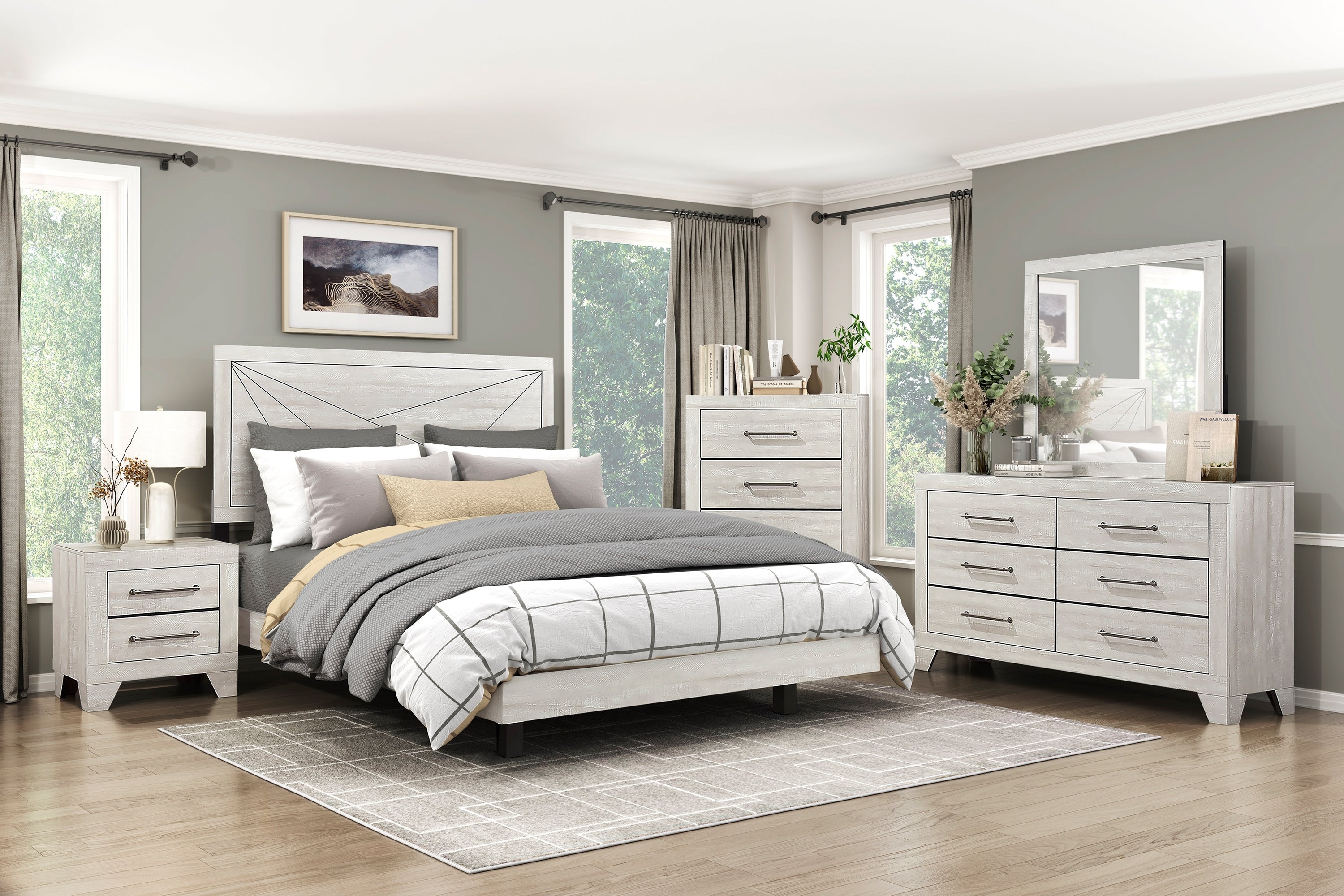Contemporary Gray Oak Finish King Bed Durable Wooden Bedroom Furniture 1pc Line Pattern Headboard