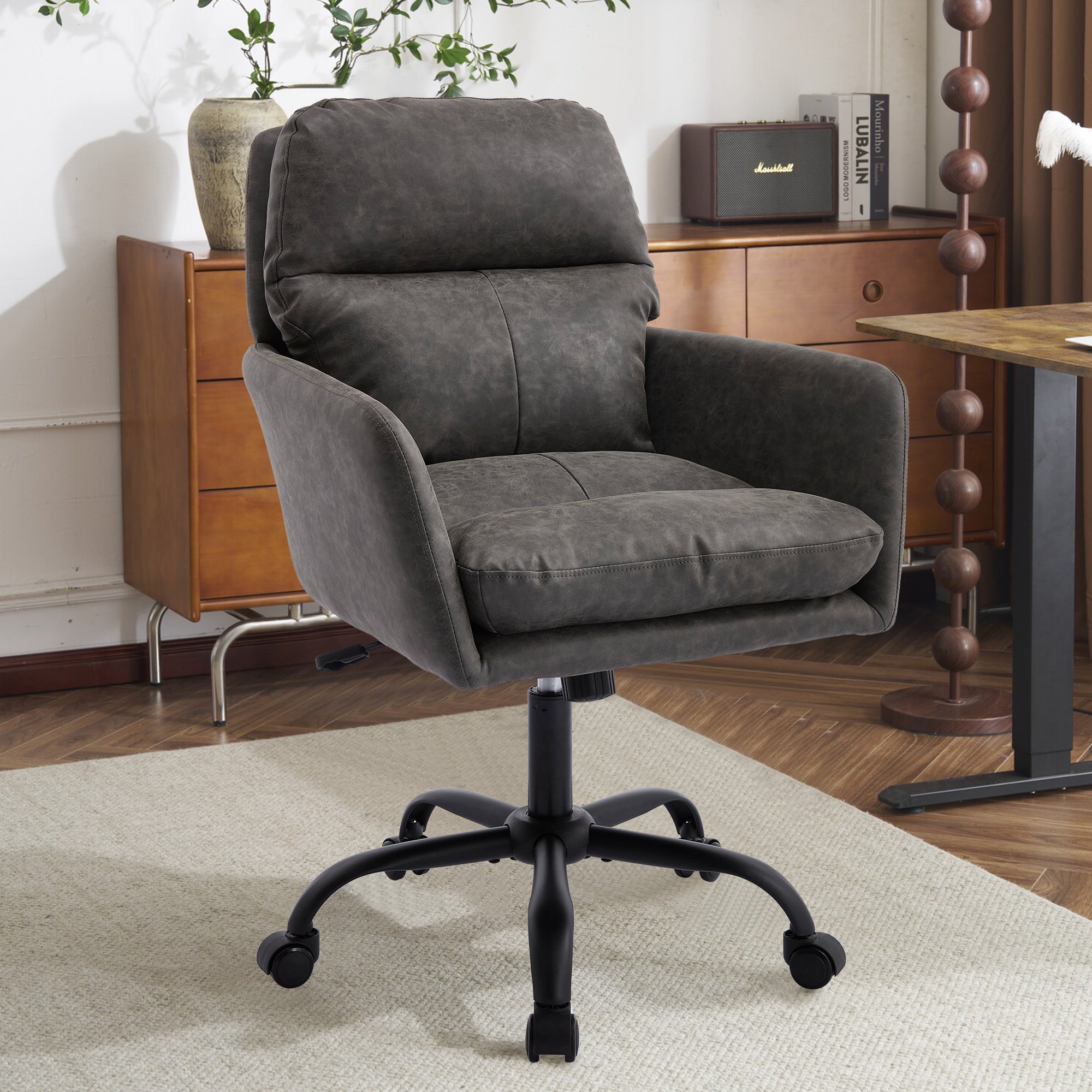 Artificial leather, PU leather, black base, adjustable in height, suitable for office, bedroom, dressing table and other environments. An office chair.Gray Office Chair