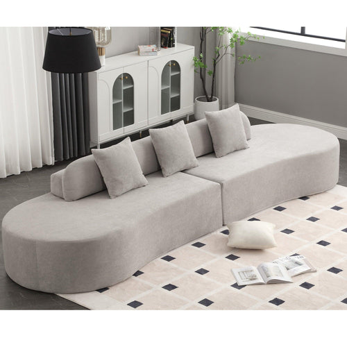 Contemporary Gray Polyester Curved Sofa With Pillows.