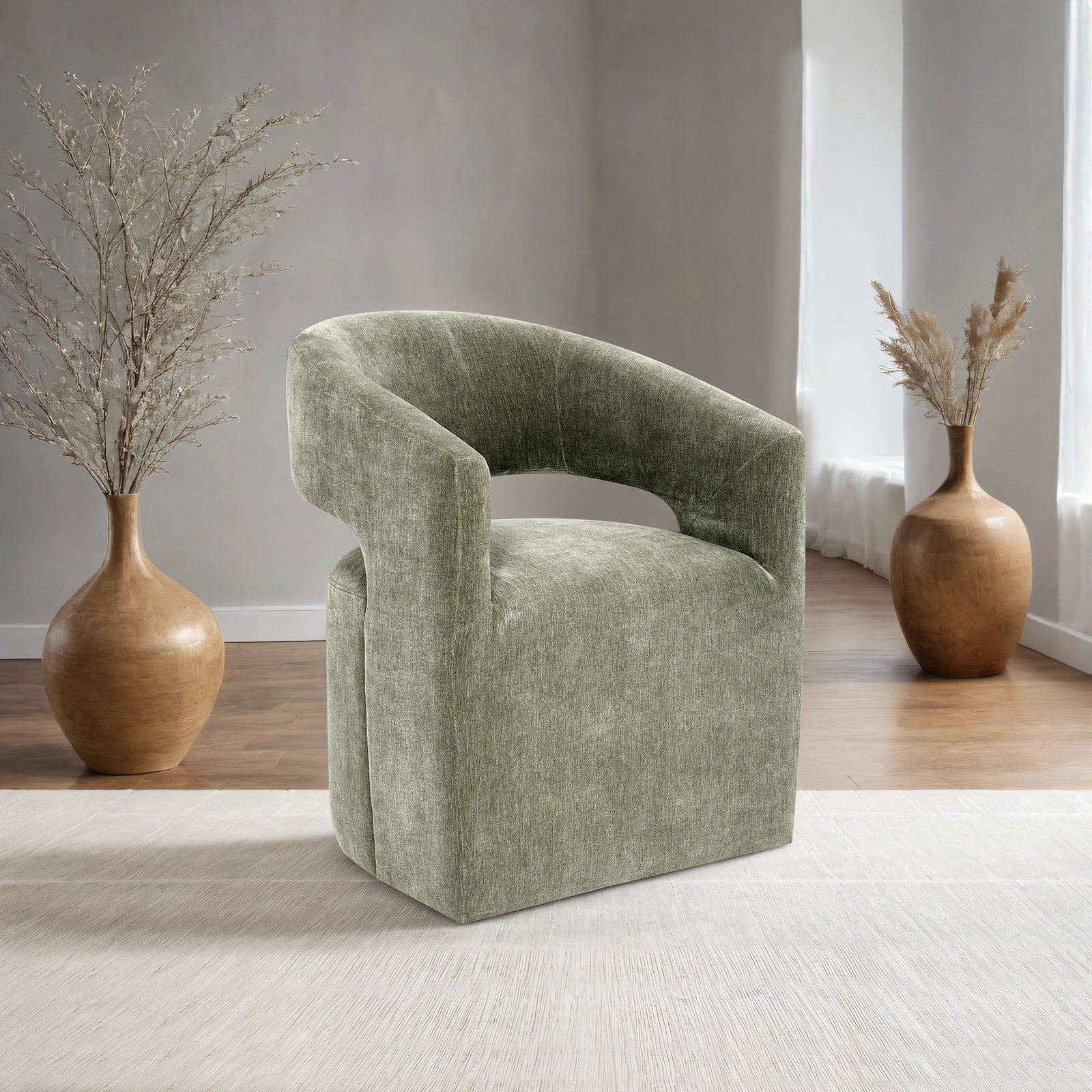 Contemporary Style 1pc Arm Chair With Caster Barrel Back Design Neutral Textured Fabric Green Finish Primary Living Room Accent Chair