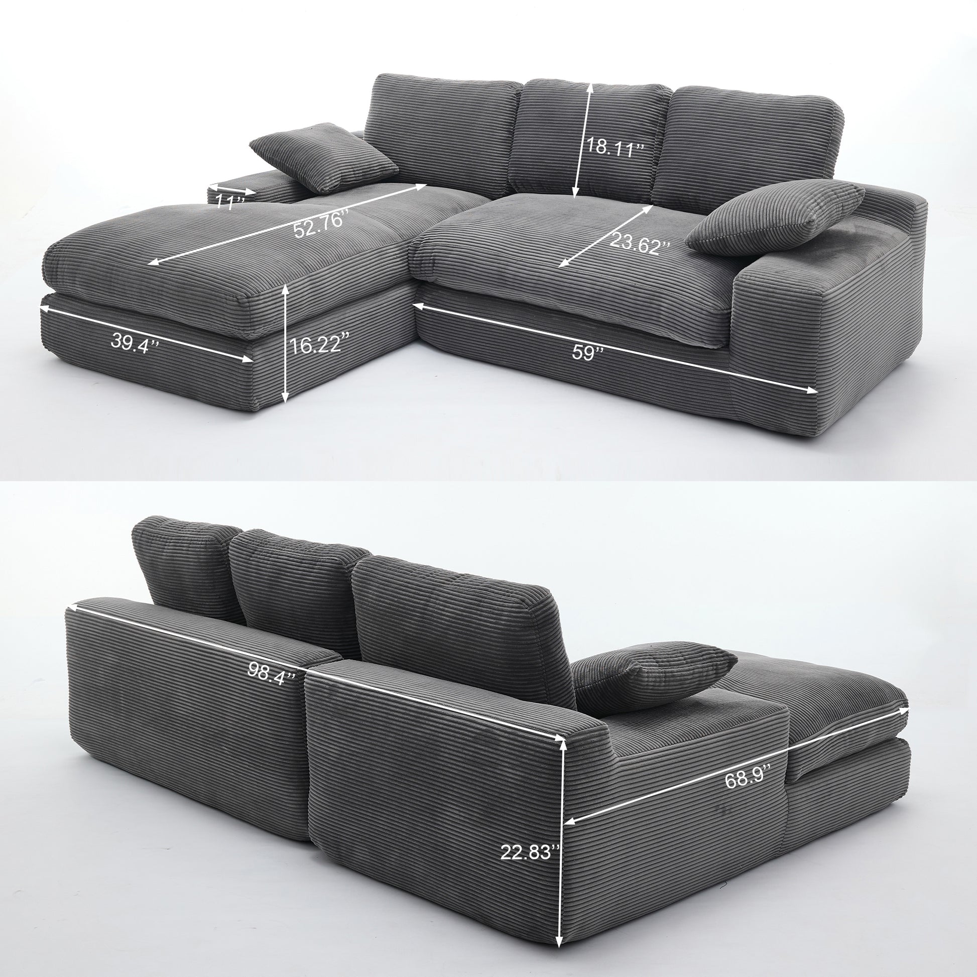 99*69' Modular Sectional Living Room Sofa Set, Modern Minimalist Style Couch, Upholstered Sleeper Sofa for Living Room, Bedroom, 2 PC Free Combination, Installation-free Sofa, L-Shape, Grey
