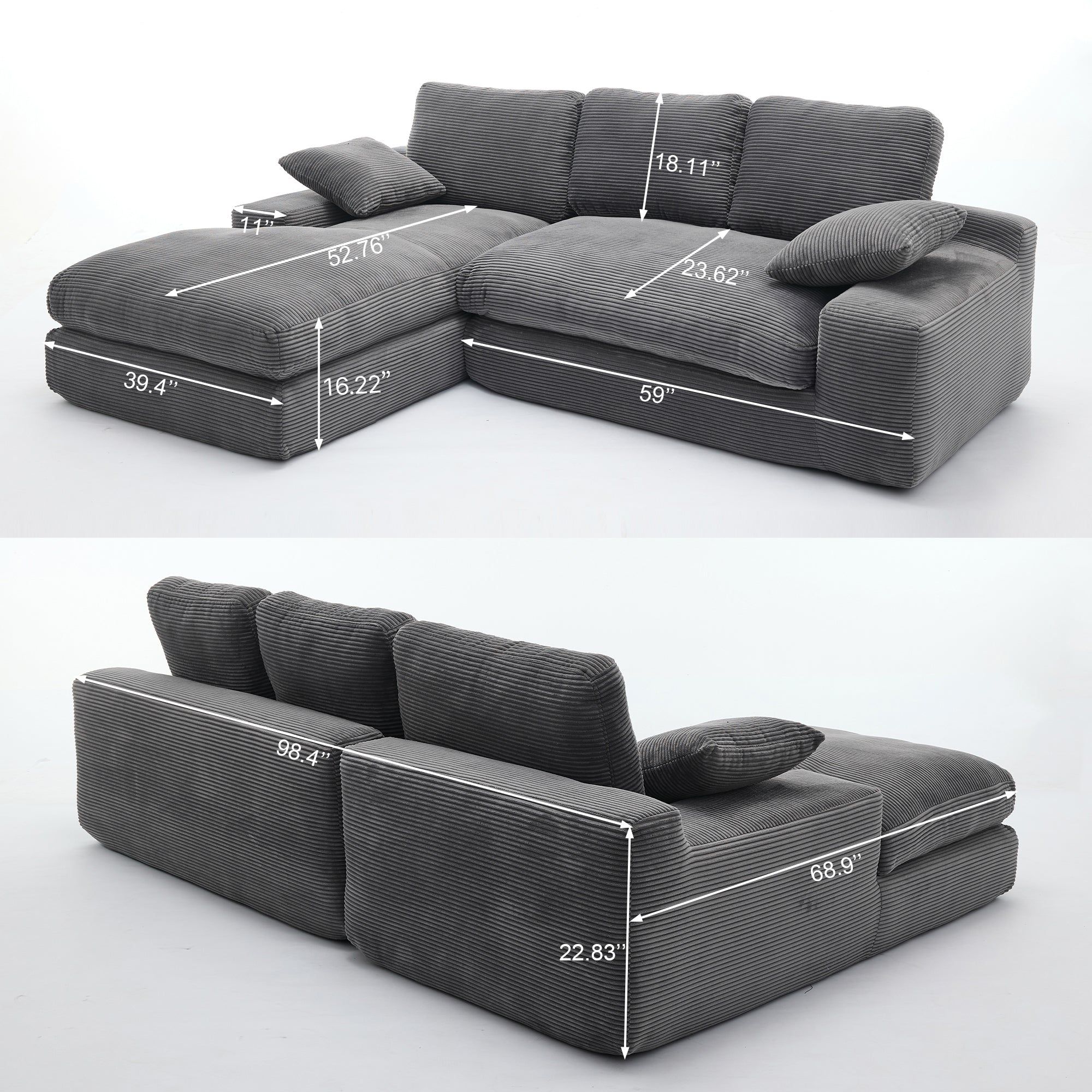 99*69' Modular Sectional Living Room Sofa Set, Modern Minimalist Style Couch, Upholstered Sleeper Sofa for Living Room, Bedroom, 2 PC Free Combination, Installation-free Sofa, L-Shape, Grey