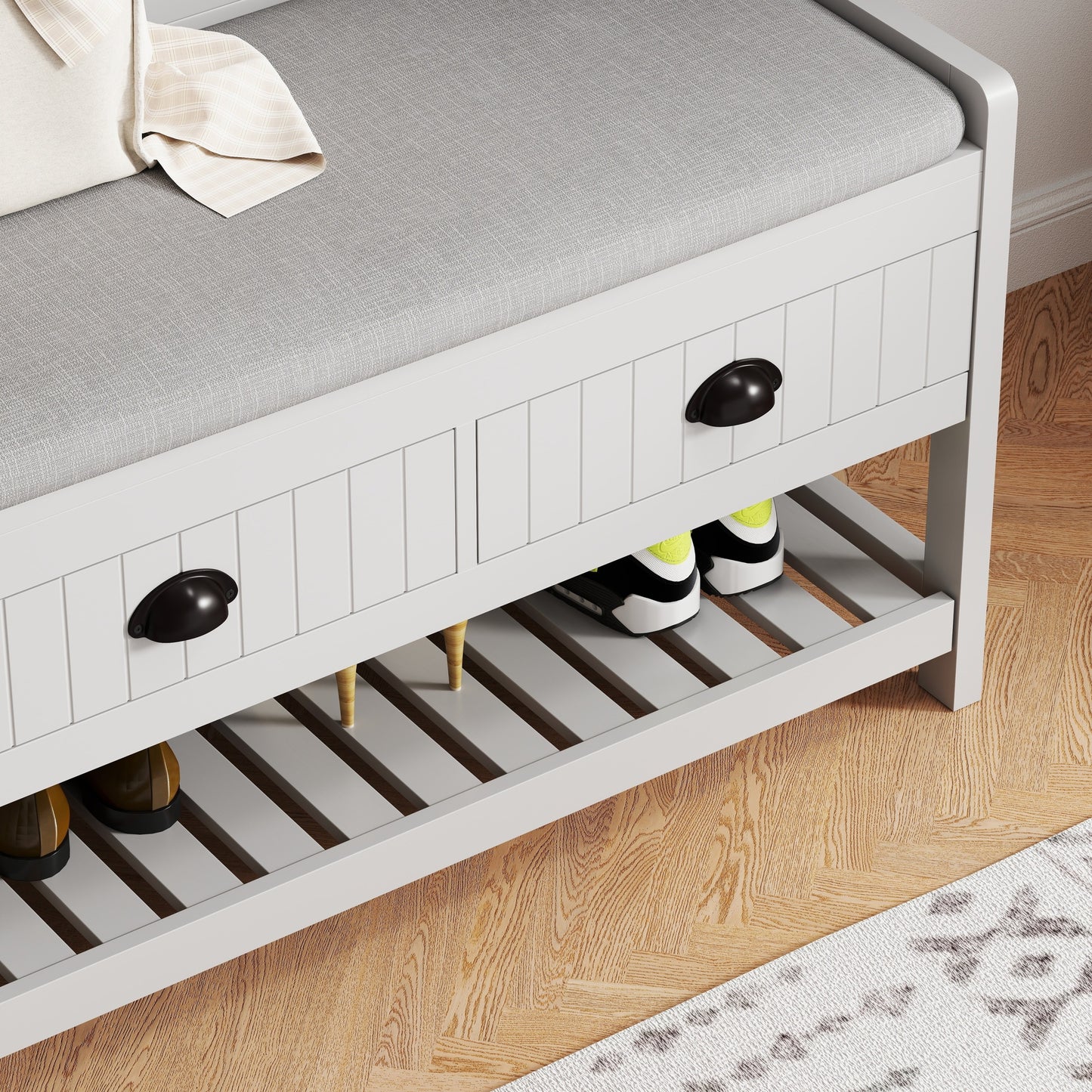 Modern Grey 3-in-1 Hallway Hall Tree with Storage Drawers, Coat Rack, Shoe Rack Bench, and Cushion Hall Tree