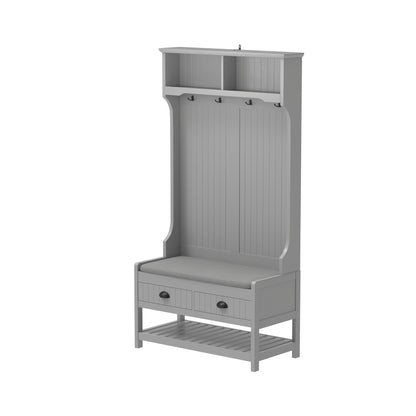 Modern Grey 3-in-1 Hallway Hall Tree with Storage Drawers, Coat Rack, Shoe Rack Bench, and Cushion Hall Tree