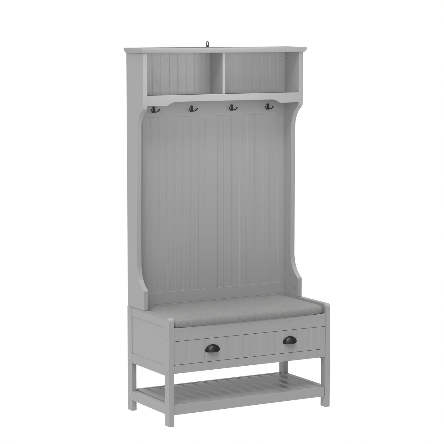 Modern Grey 3-in-1 Hallway Hall Tree with Storage Drawers, Coat Rack, Shoe Rack Bench, and Cushion Hall Tree