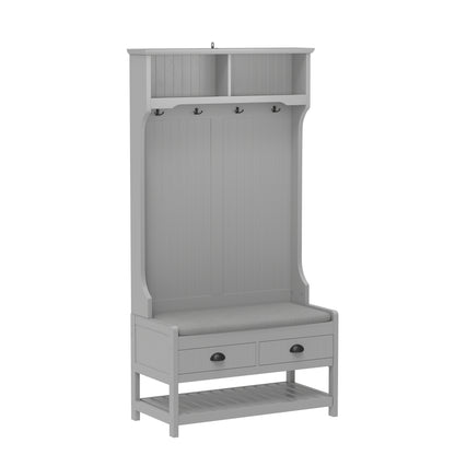Modern Grey 3-in-1 Hallway Hall Tree with Storage Drawers, Coat Rack, Shoe Rack Bench, and Cushion Hall Tree