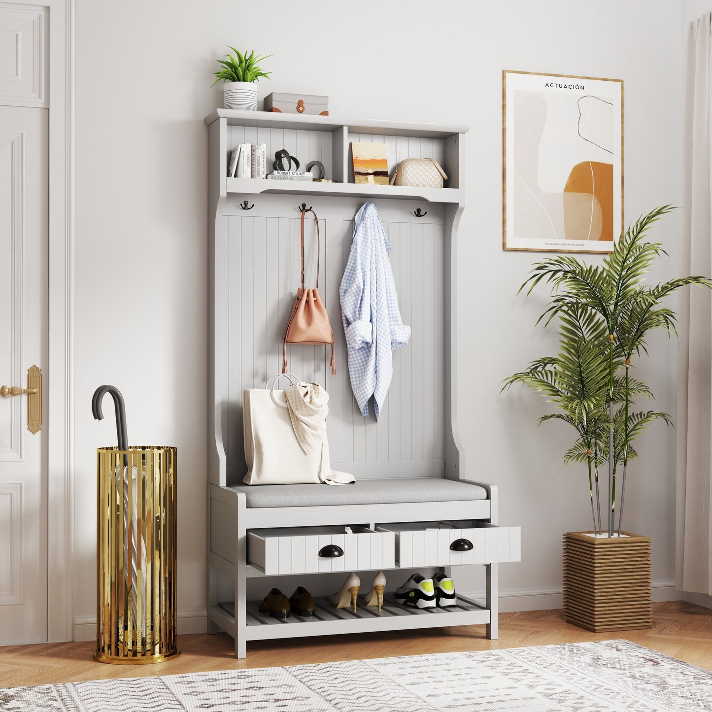 Modern Grey 3-in-1 Hallway Hall Tree with Storage Drawers, Coat Rack, Shoe Rack Bench, and Cushion Hall Tree
