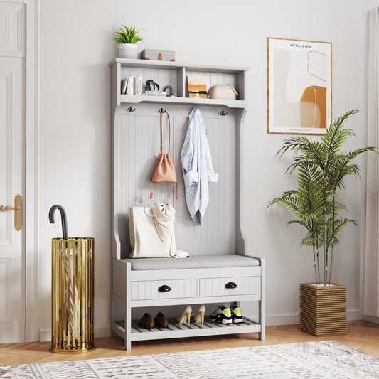 Modern Grey 3-in-1 Hallway Hall Tree with Storage Drawers, Coat Rack, Shoe Rack Bench, and Cushion Hall Tree