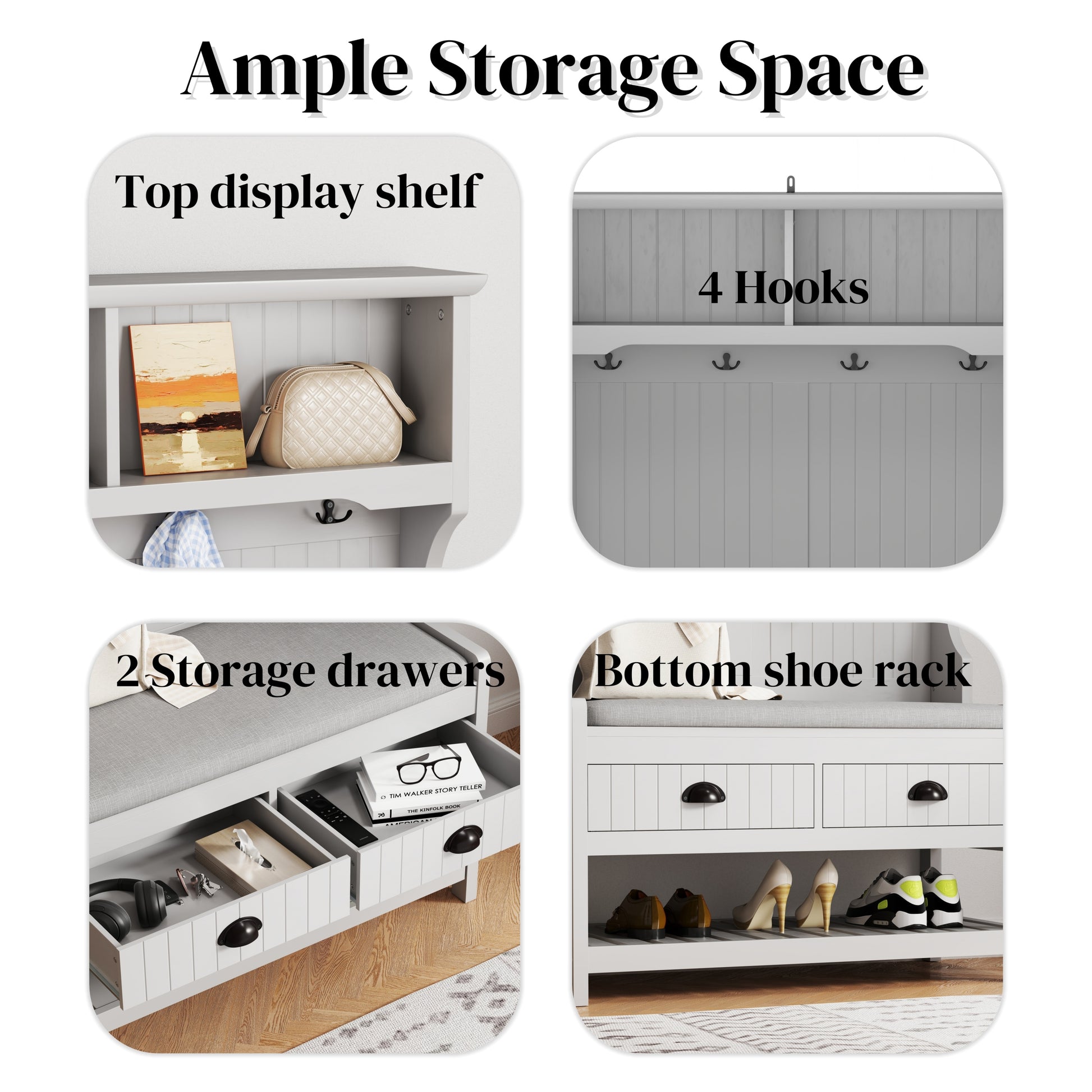 Modern Grey 3-in-1 Hallway Hall Tree with Storage Drawers, Coat Rack, Shoe Rack Bench, and Cushion Hall Tree