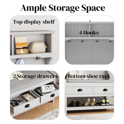 Modern Grey 3-in-1 Hallway Hall Tree with Storage Drawers, Coat Rack, Shoe Rack Bench, and Cushion Hall Tree