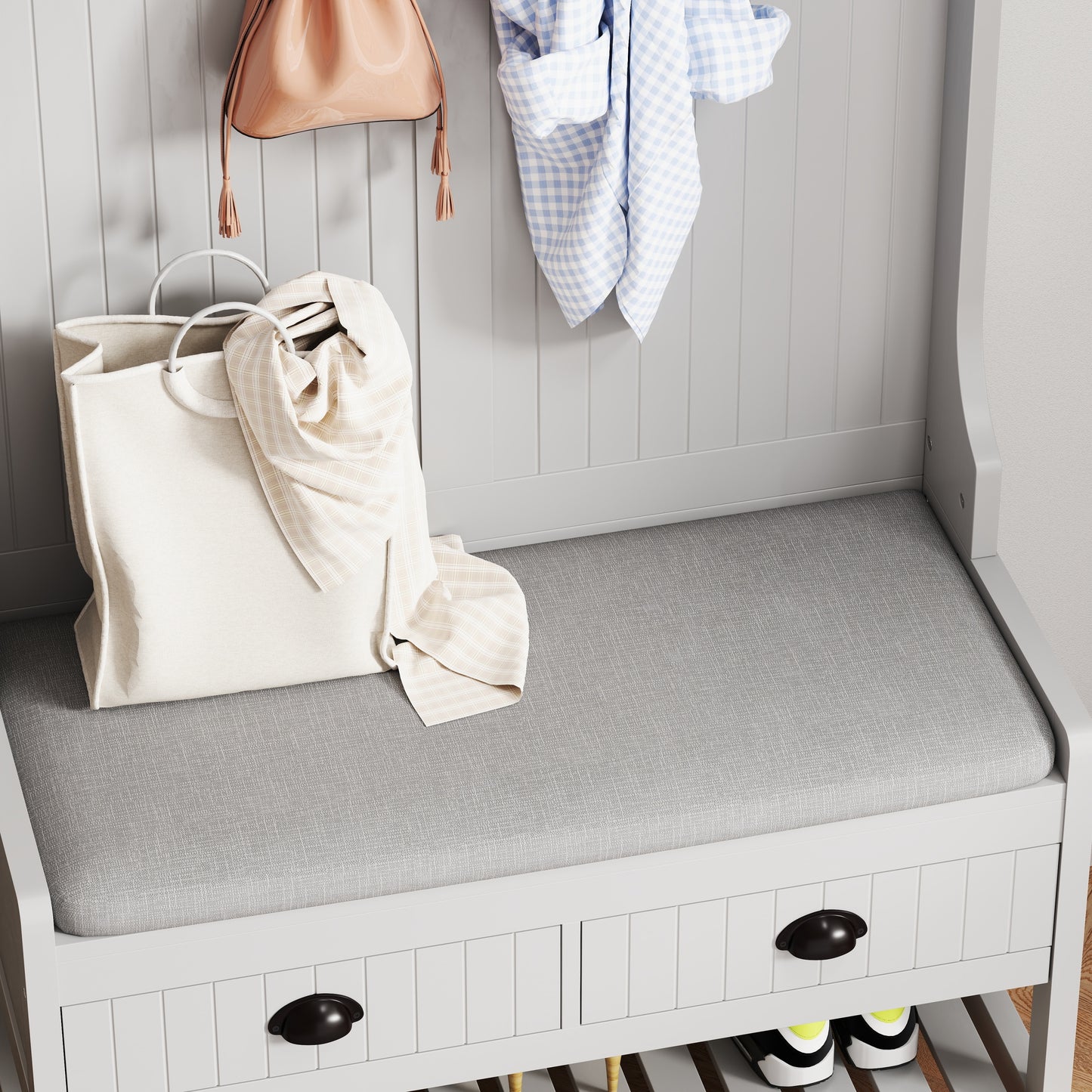 Modern Grey 3-in-1 Hallway Hall Tree with Storage Drawers, Coat Rack, Shoe Rack Bench, and Cushion Hall Tree