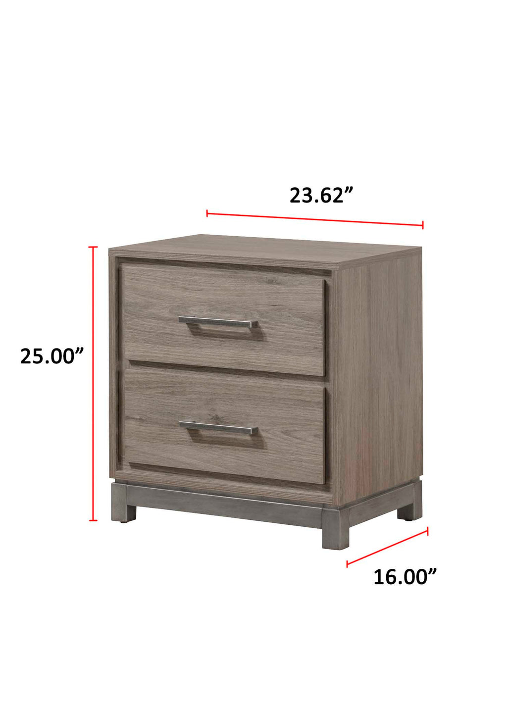 1pc Contemporary 2-Drawer Storage Nightstand Metal Handle Grey Oak Finish