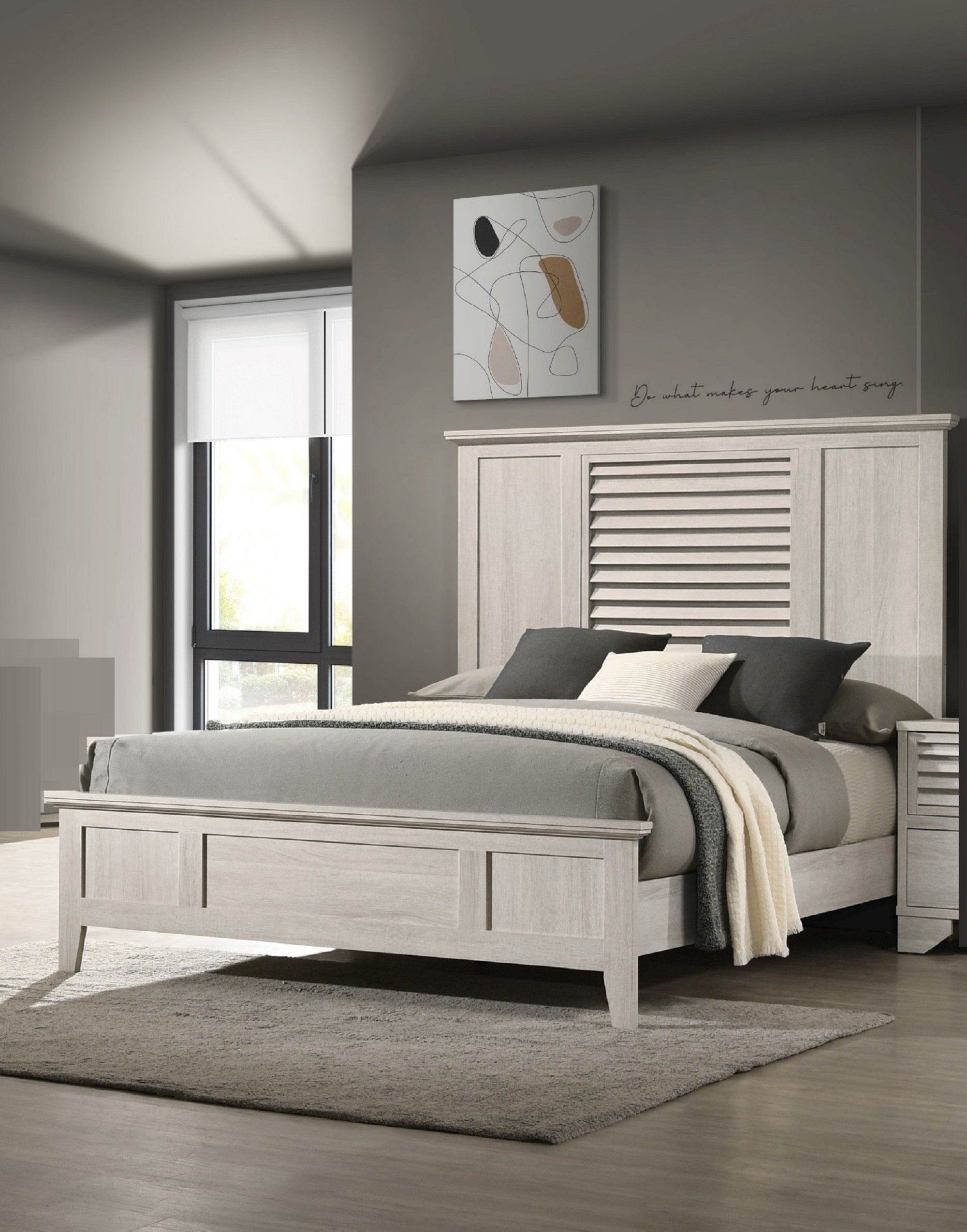 1pc King Size Bed Contemporary Style Light Wood Finish Louvered Headboard Design Beige Finish
