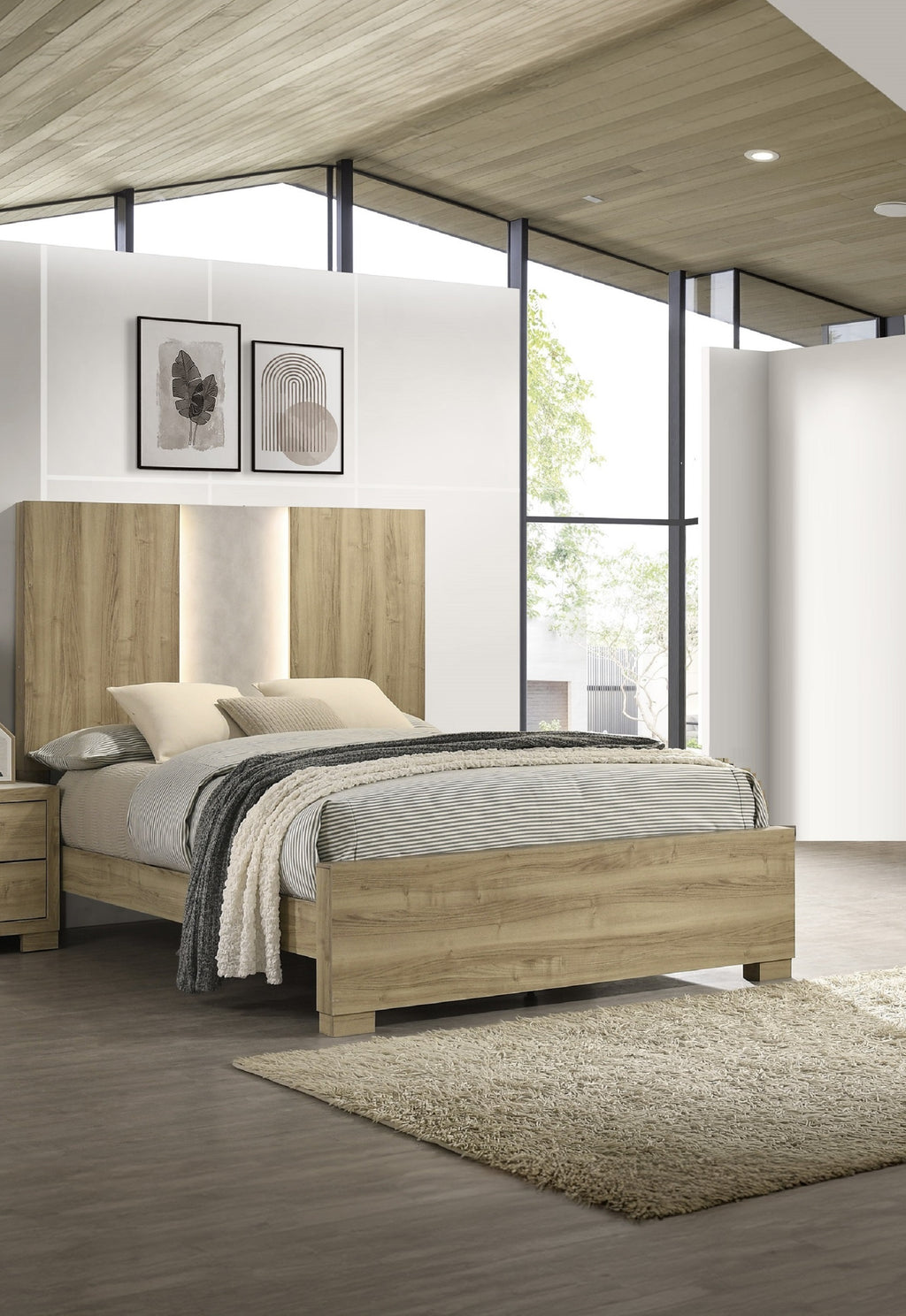 Contemporary King Panel Bed with Driftwood Lighting.