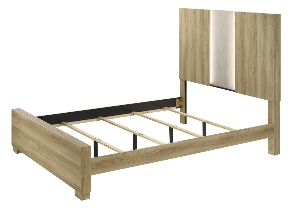 Contemporary King Panel Bed with Driftwood Lighting.