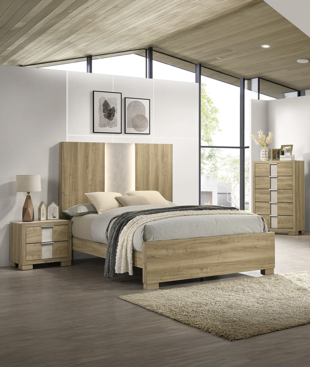 Contemporary King Panel Bed with Driftwood Lighting.