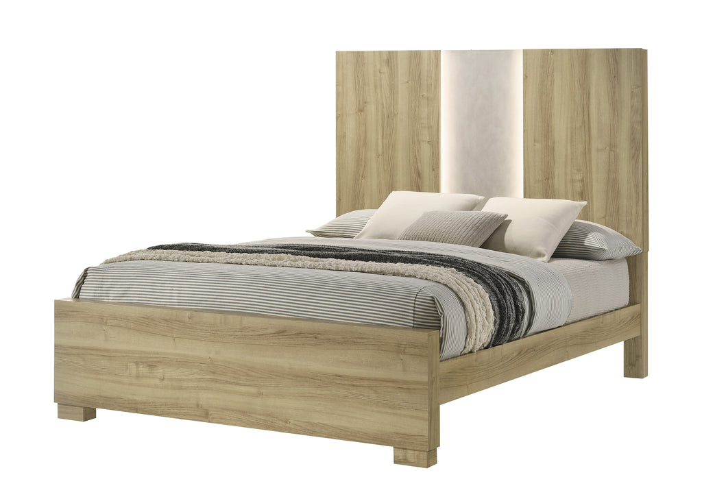 Contemporary King Panel Bed with Driftwood Lighting.