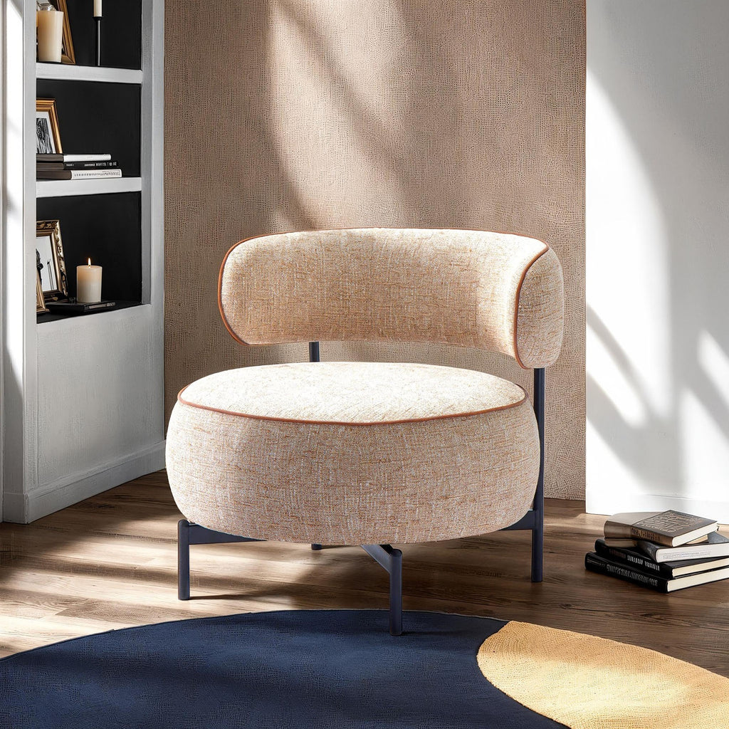 Light Brown Finish Swivel Chair Metal Legs Contemporary Style Curved Backrest Contrast Welt Pocketed Coil Accent Chair