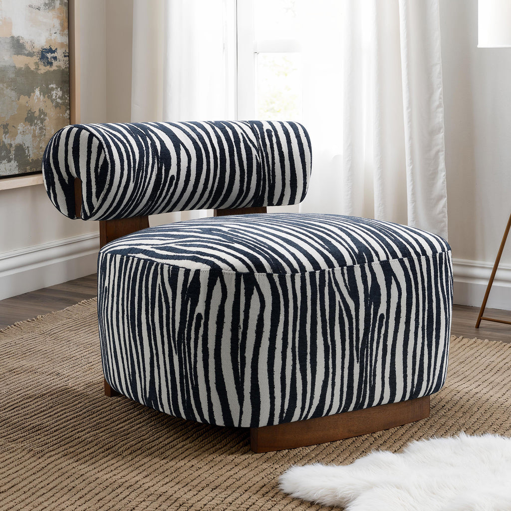 Contemporary Style 1pc Accent Chair Cylindrical Backrest High Density Foam Zebra Strip Fabric Midnight Blue Finish Primary Living Room Accent Chair