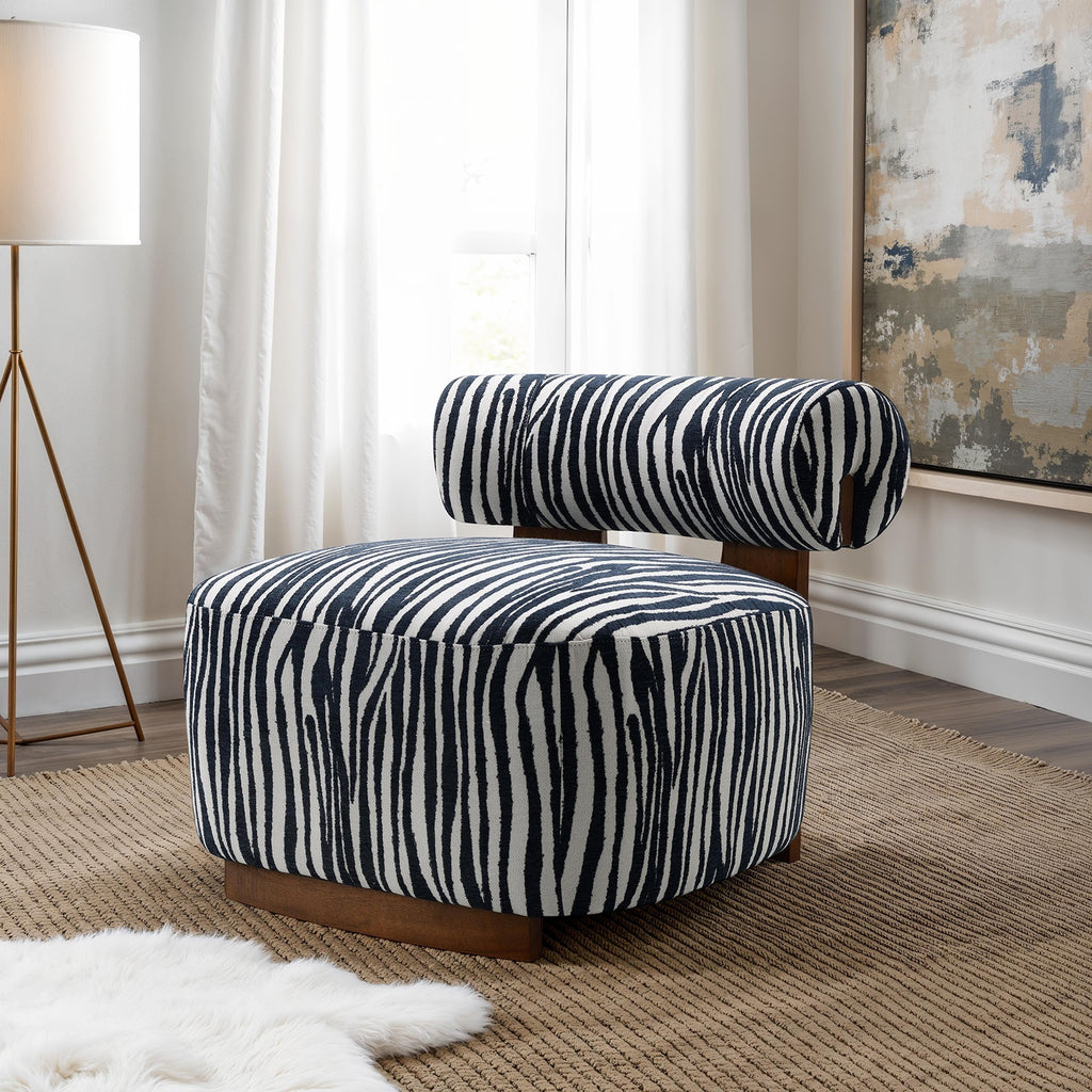 Contemporary Style 1pc Accent Chair Cylindrical Backrest High Density Foam Zebra Strip Fabric Midnight Blue Finish Primary Living Room Accent Chair