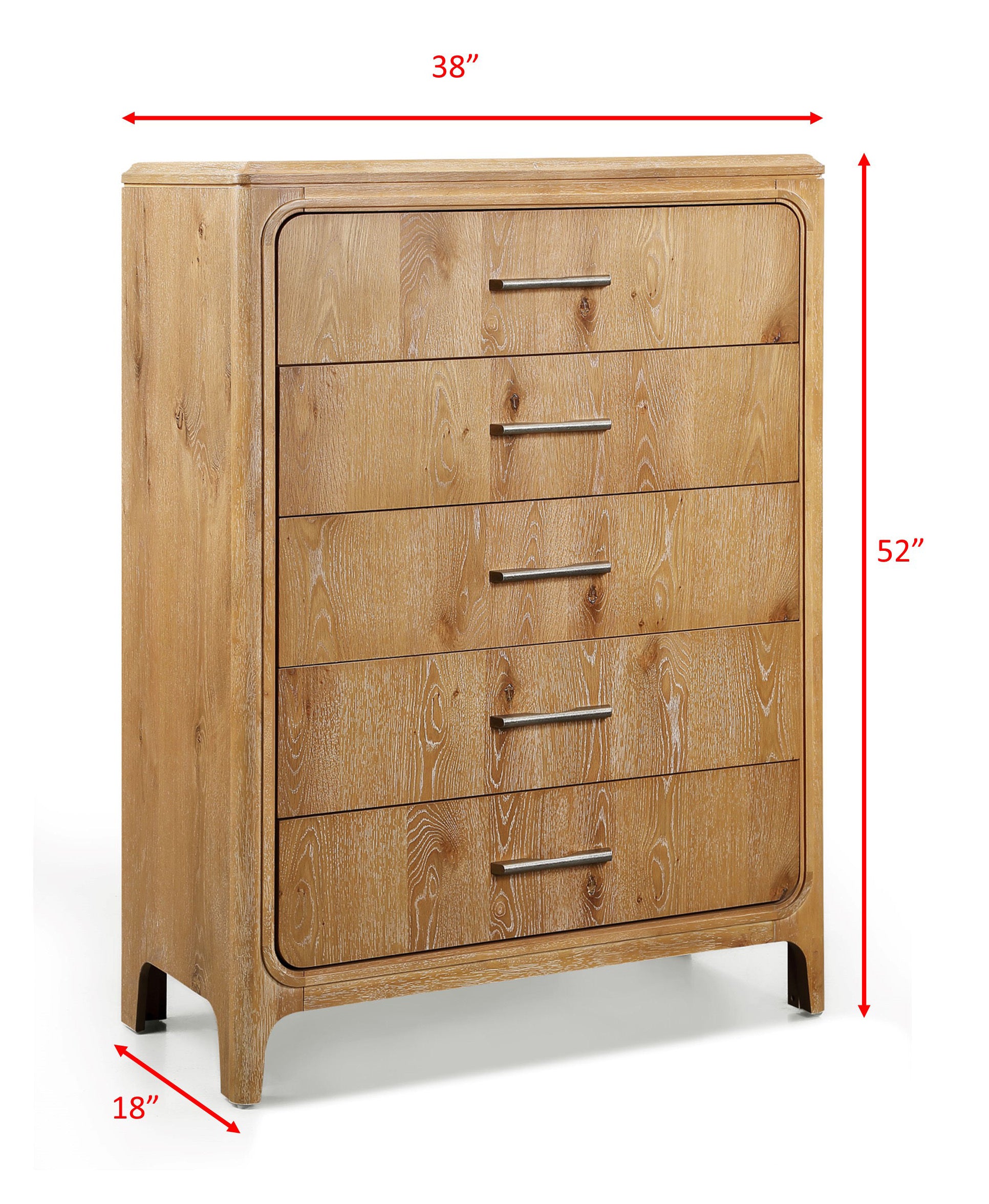 1pc Natural Wood Finish Five Drawer Chest Wooden Bedroom Furniture