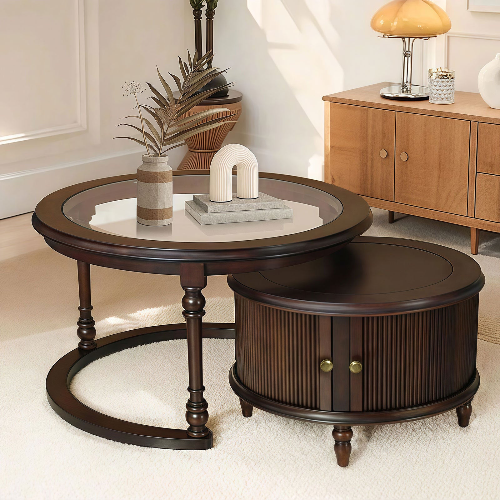 Modern Nesting Coffee Table Set with Glass and Solid Wood Frame Coffee Table